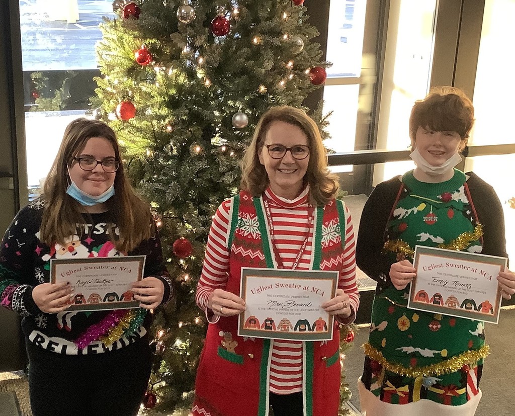 NCA Ugly Sweater Winners: Emily Thomas, Kaylee Faulkner and Becky Bernard