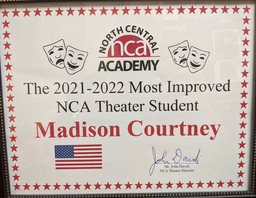 2021-2022 Most Improved NCA Theater Student Certificate